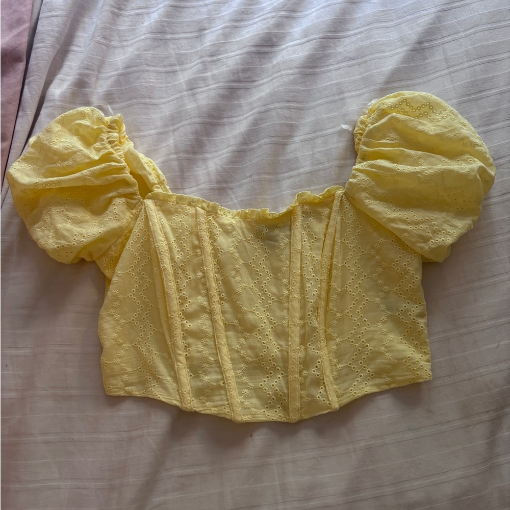Yellow Puff Sleeve Eyelet Top